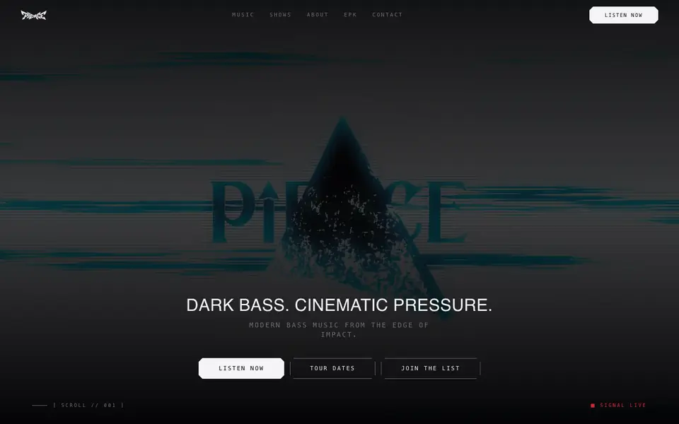 PIERCE artist website and EPK design by Artist Influence